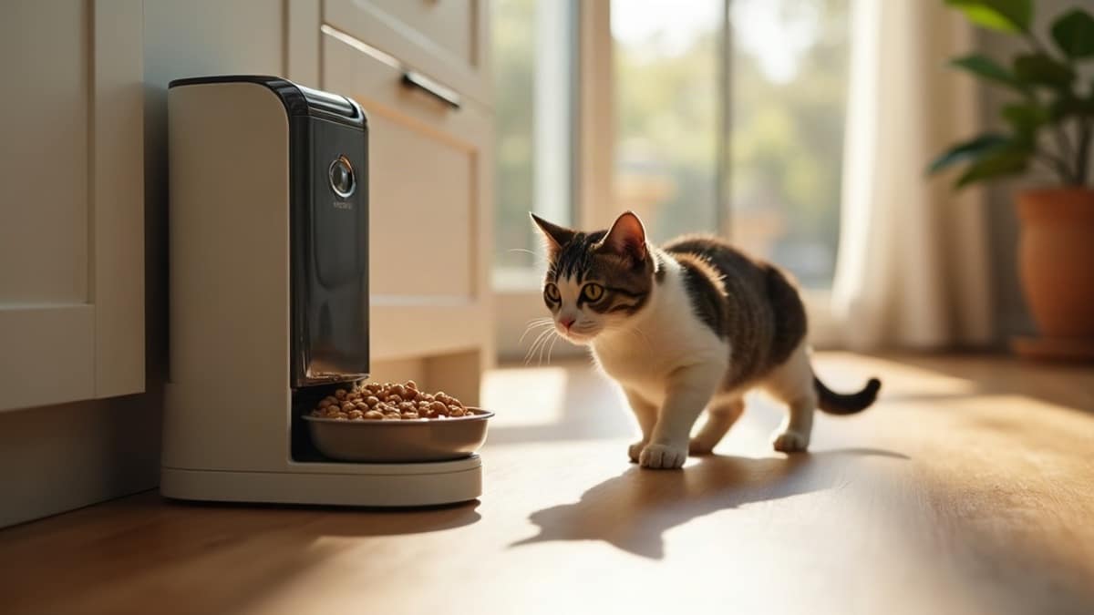A modern smart pet feeder sits on a kitchen counter next to a smartphone showing a connected home app.