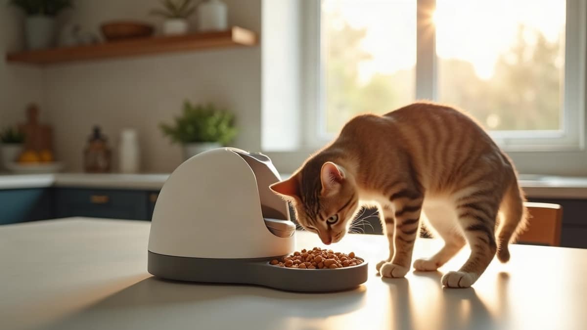 A smart pet feeder sits on a kitchen counter next to a smartphone displaying a connected home app