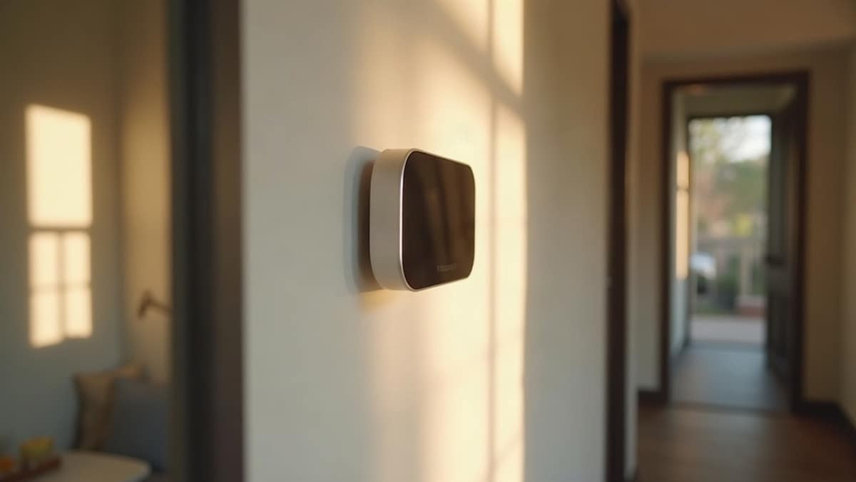A smart thermostat on a wall next to a smart home security panel in a modern living room
