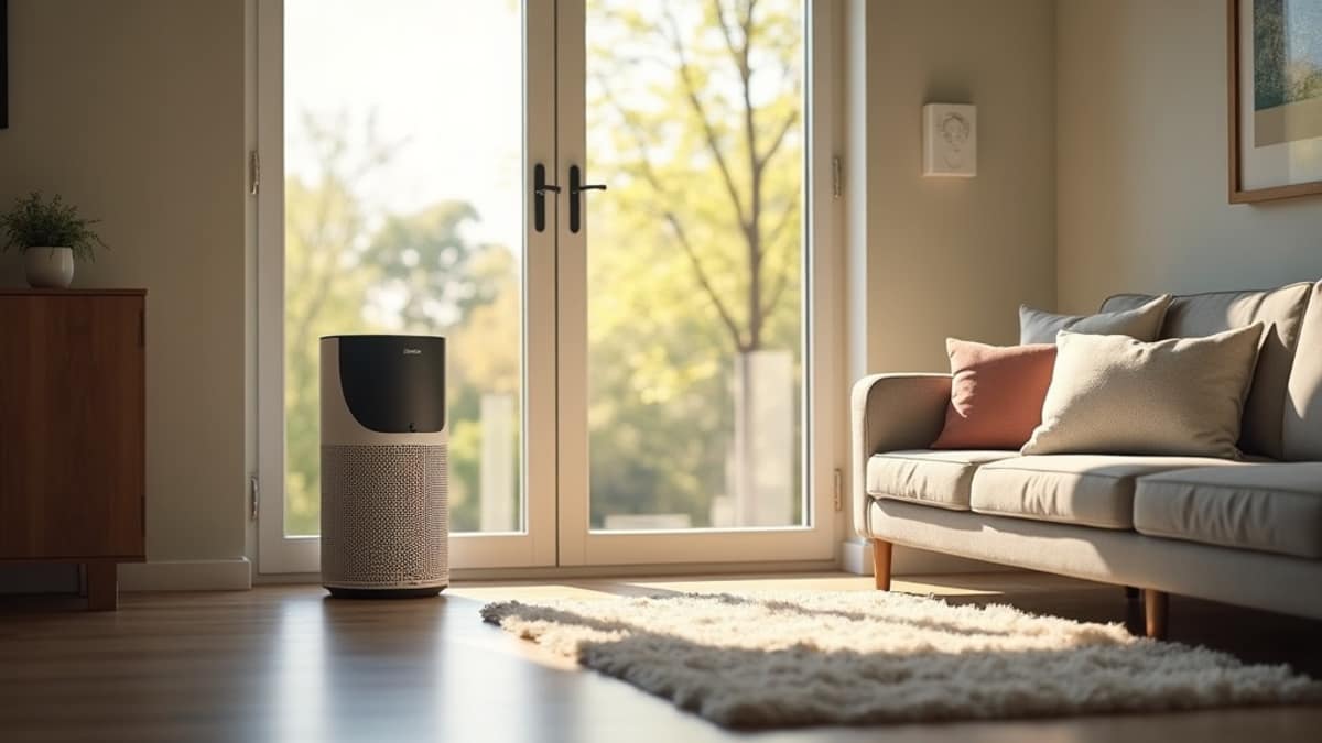 A modern living room with an air purifier running near a window, illustrating indoor air quality awareness