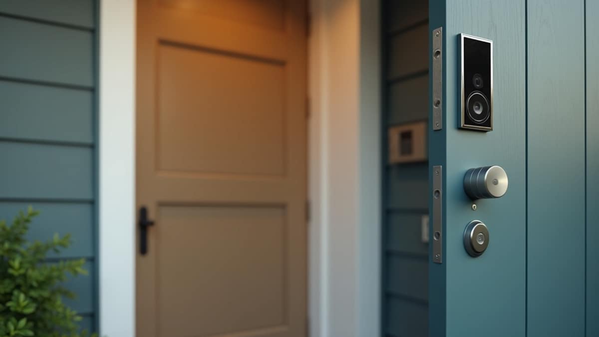 A modern video doorbell camera mounted beside a front door, symbolizing smart home privacy and security