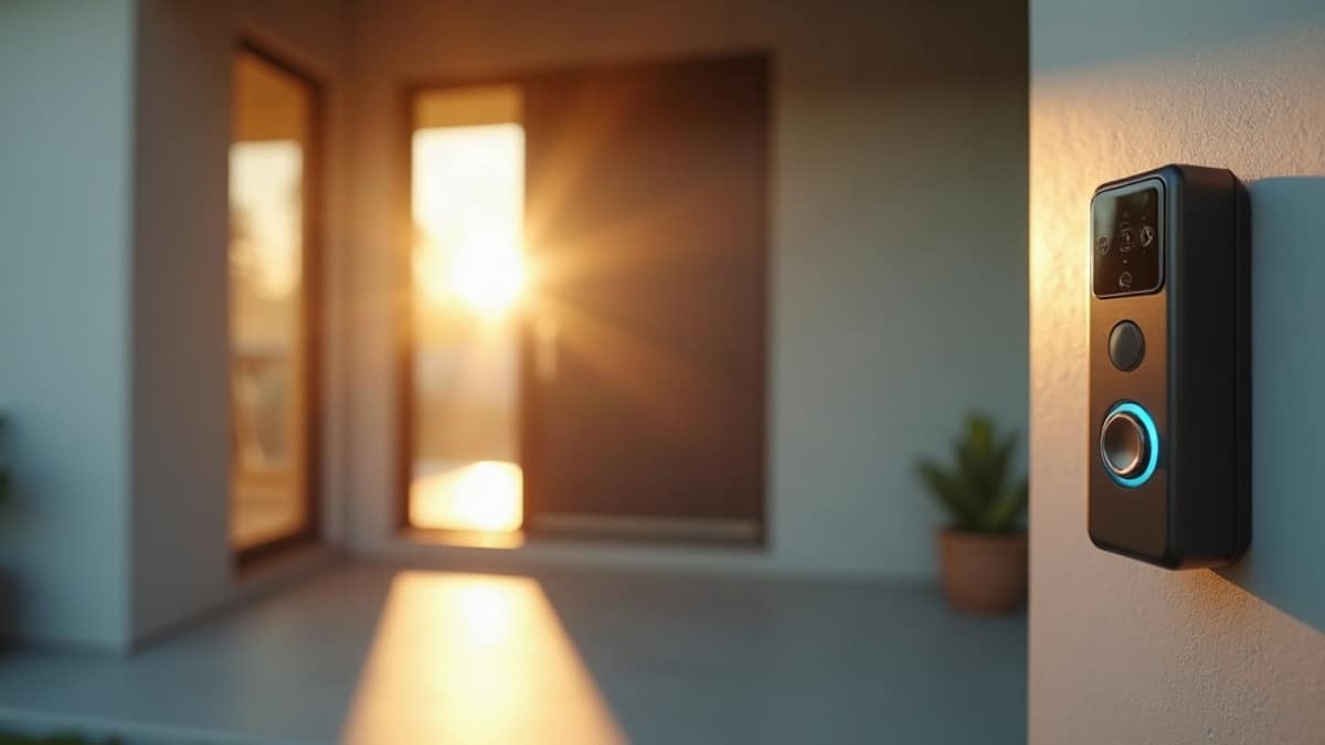 A video doorbell and a wide-angle outdoor security camera mounted on a modern home's front entryway