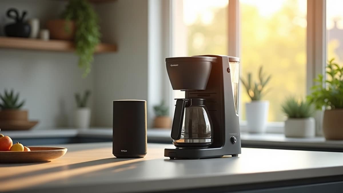 A modern kitchen counter with a coffee maker next to a smart home control panel