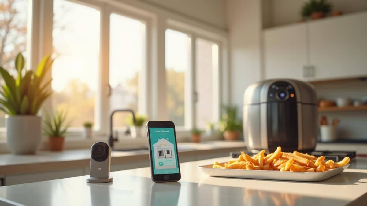 A modern kitchen with an air fryer on the counter and a smart security camera visible nearby