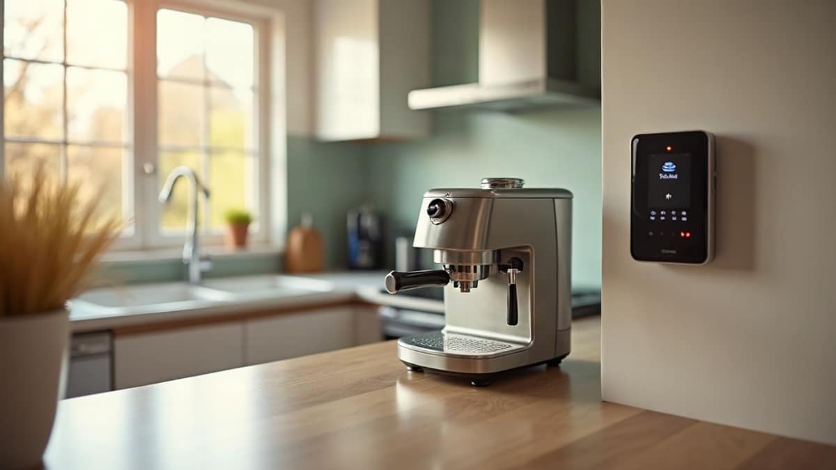 A smart espresso machine on a kitchen counter next to a smartphone showing a connected home app