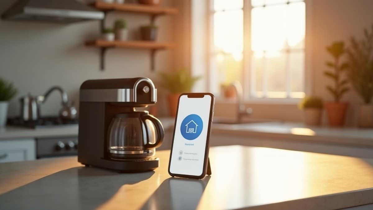 A modern kitchen counter with a smart coffee maker next to a smartphone showing a home security app