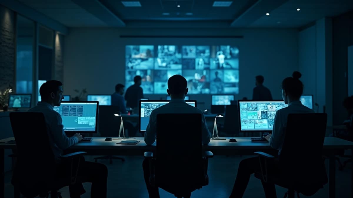 Monitoring center agent watching security alerts on multiple screens at night