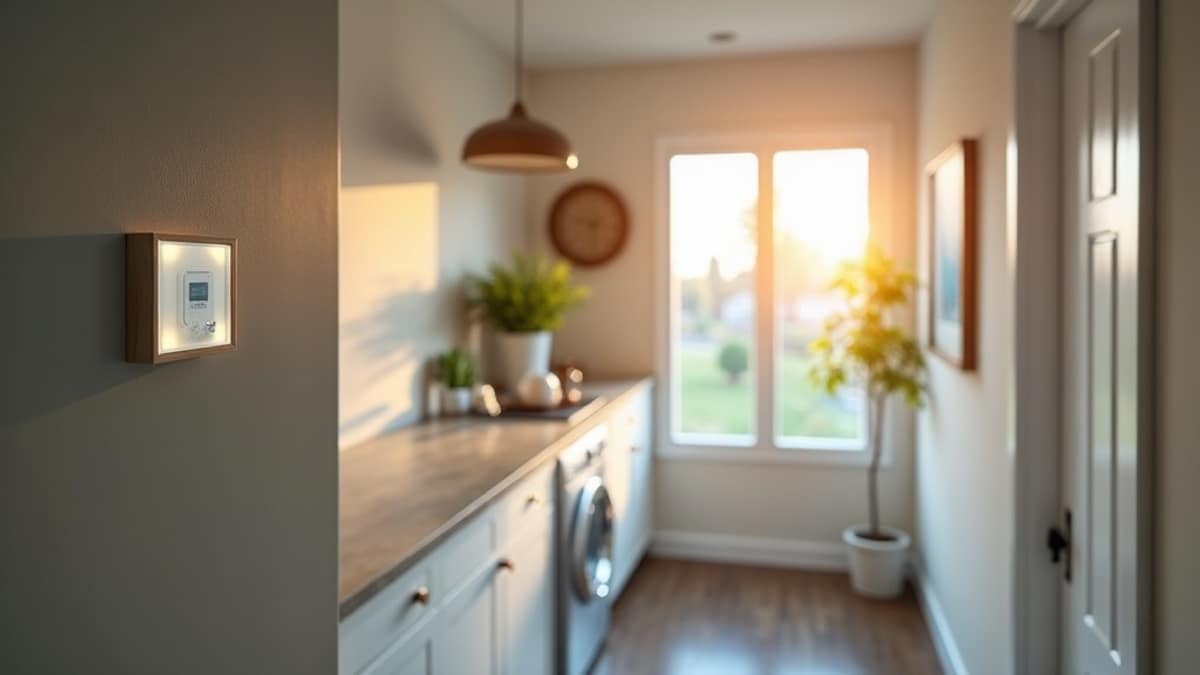 A homeowner reviewing a laundry detergent cap next to a smart home security panel, illustrating everyday home maintenance habits