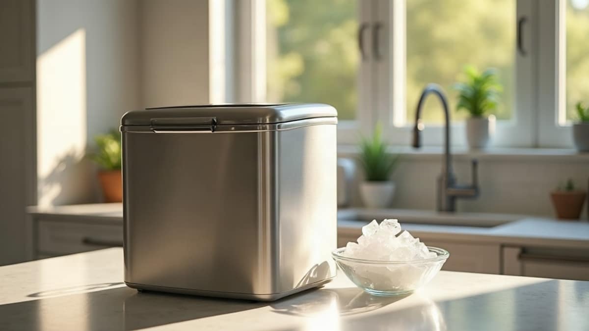 A modern kitchen countertop with a portable ice maker next to a smart home security panel display
