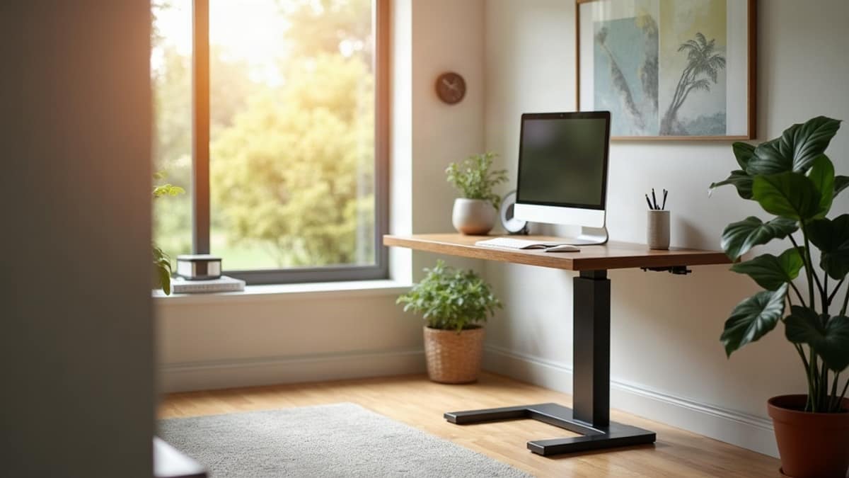 A modern home office with a standing desk, monitor, and a discreet smart security camera visible near the window