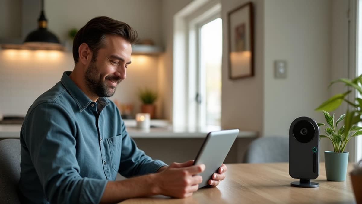 Homeowner reviewing home security company options on a tablet in a bright living room