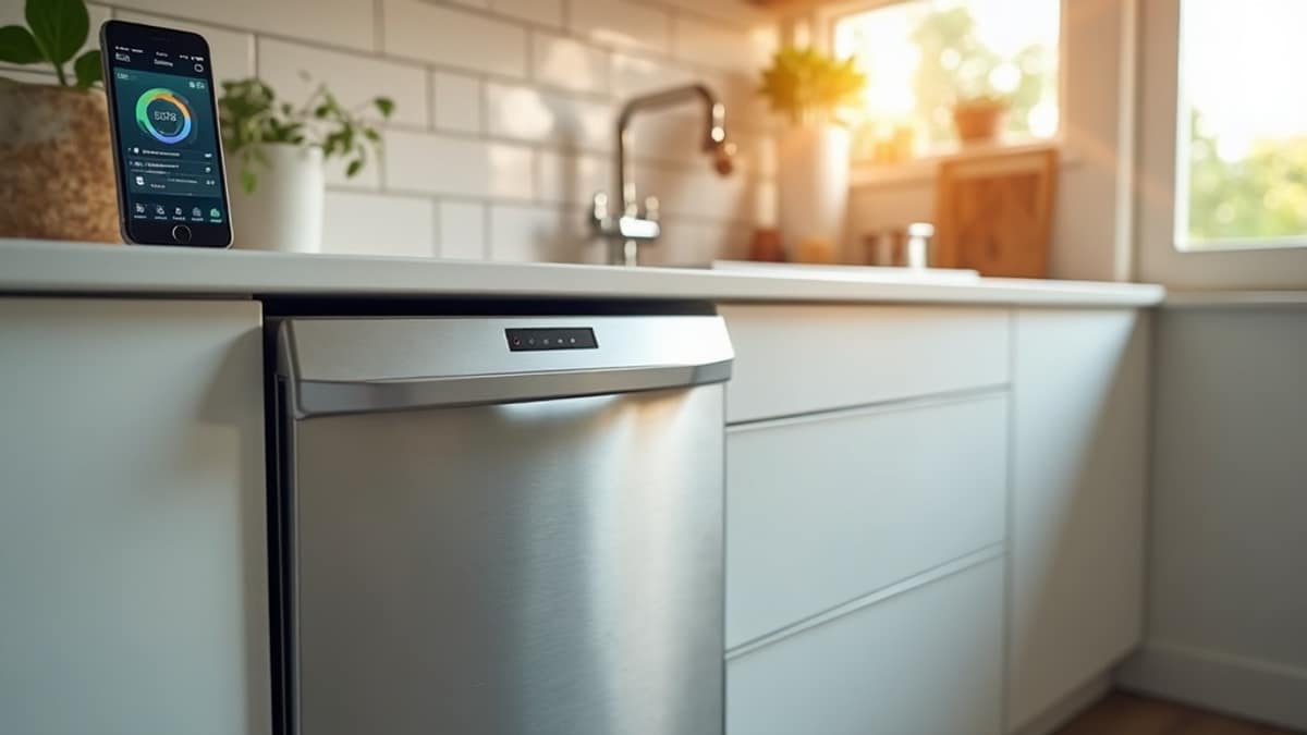 Modern kitchen with a smart dishwasher and connected devices linked to a home security app on a smartphone