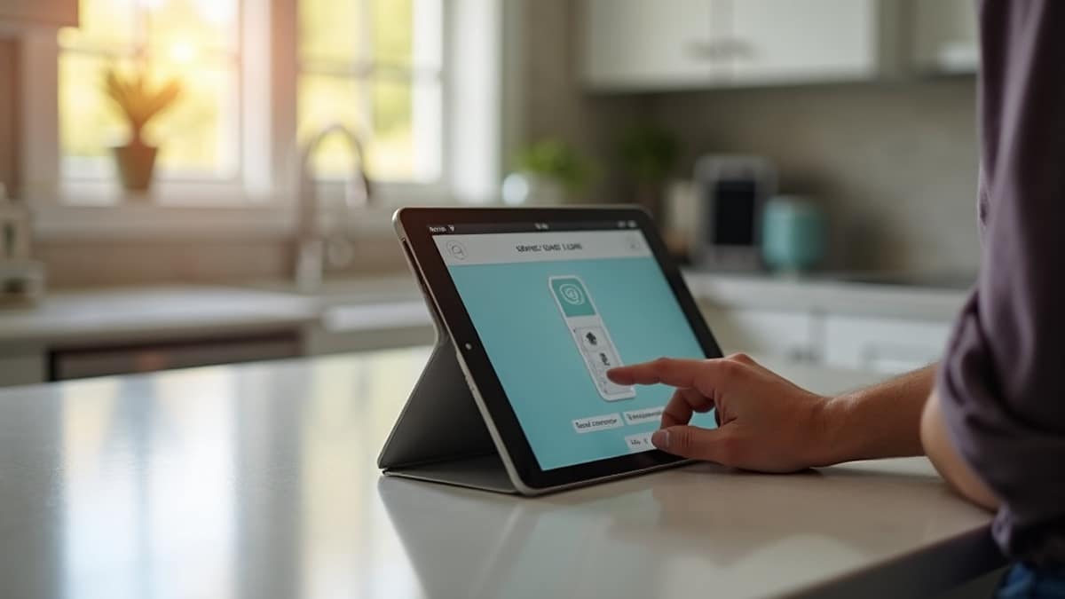 A homeowner comparing smart home devices on a tablet, including a security camera app, at a kitchen counter