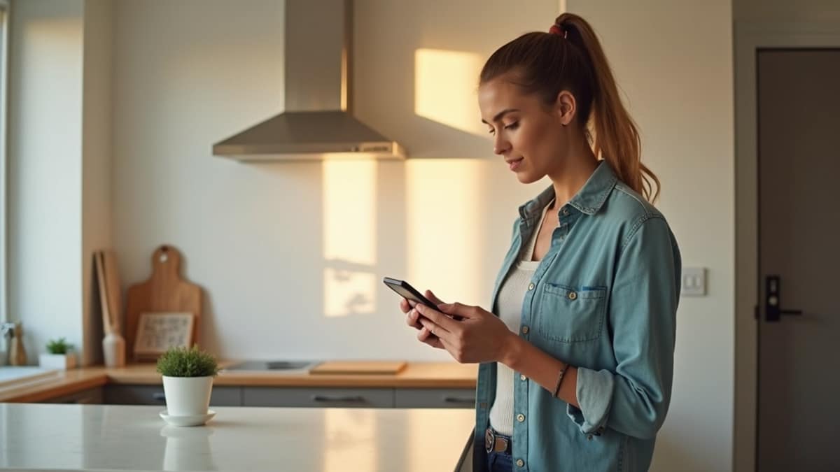 A homeowner checks a smart home app on a phone in a kitchen, with a connected temperature sensor visible nearby.