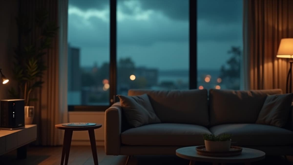 A portable power station on a table beside a smart home security panel during a storm