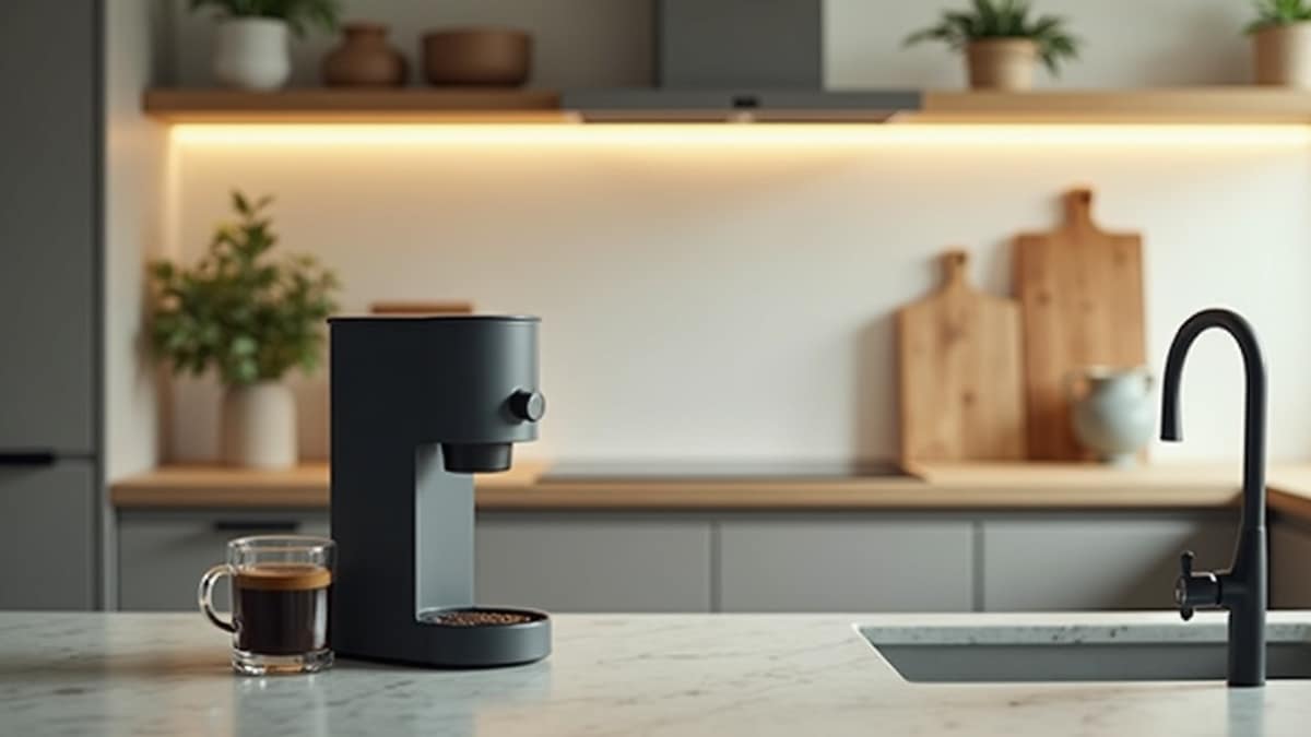 A stand-alone coffee grinder next to a smart home security panel, symbolizing purpose-built design