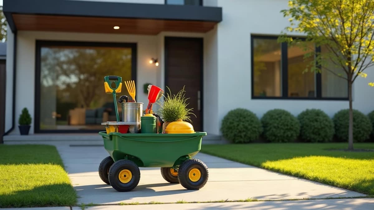 Homeowner using a multi-purpose yard cart next to a house equipped with a smart doorbell camera